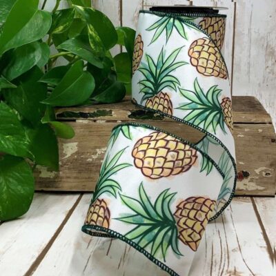 D. Stevens Ribbon | Tropical Pineapple On White Ribbon 4″X10Yds