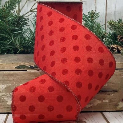 D. Stevens Ribbon | Red Flocked Glitter Polka Dot Ribbon, 4″ X 10Yd