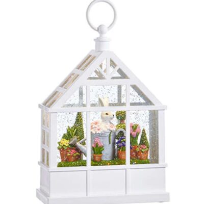 RAZ Figurines | Bunny In Watering Can Lighted Water White Greenhouse