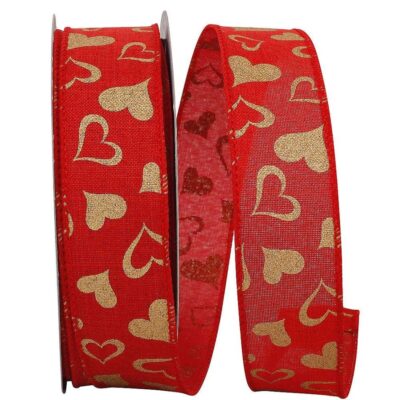 Reliant Ribbon Ribbon | Gold Heart On Red Linen Ribbon, 1.5″ X 25Yd