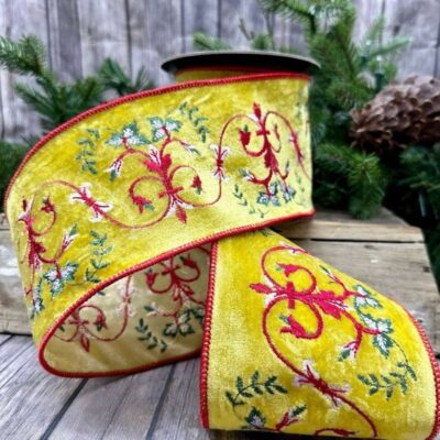 D. Stevens Ribbon | Yellow Velvet Embroidered Ribbon, 4″ X 5Yd