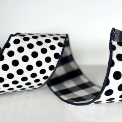 Farrisilk Spring Ribbon | Black And White Linen Polka Dot Plaid Ribbon, 4″ X 10Yd