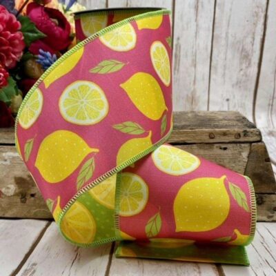 D. Stevens Spring Ribbon | Sliced Lemons Pink Ribbon, 4″ X 10Yd