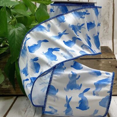 D. Stevens Ribbon | Watercolor Blue Rabbit Ribbon, 4″X10Yd