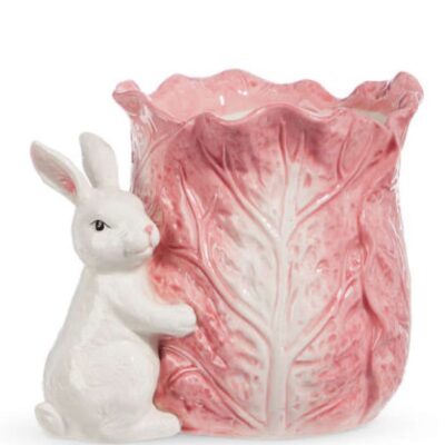 RAZ Table Decor | Pink Cabbage Container With Bunny