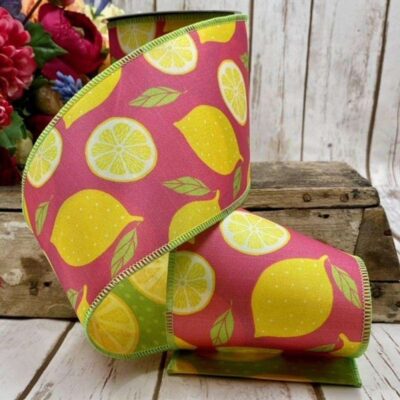 D. Stevens Ribbon | Sliced Lemons Pink Ribbon, 4″ X 10Yd