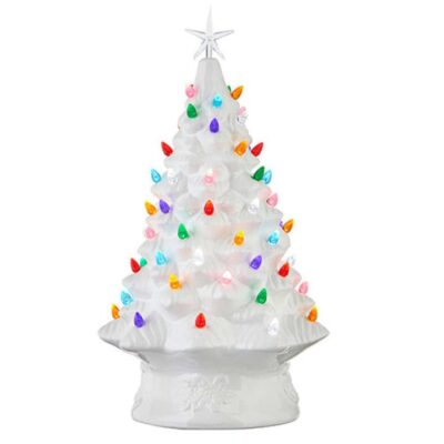 RAZ Figurines | White Vintage Lighted Tree With Timer, 17″